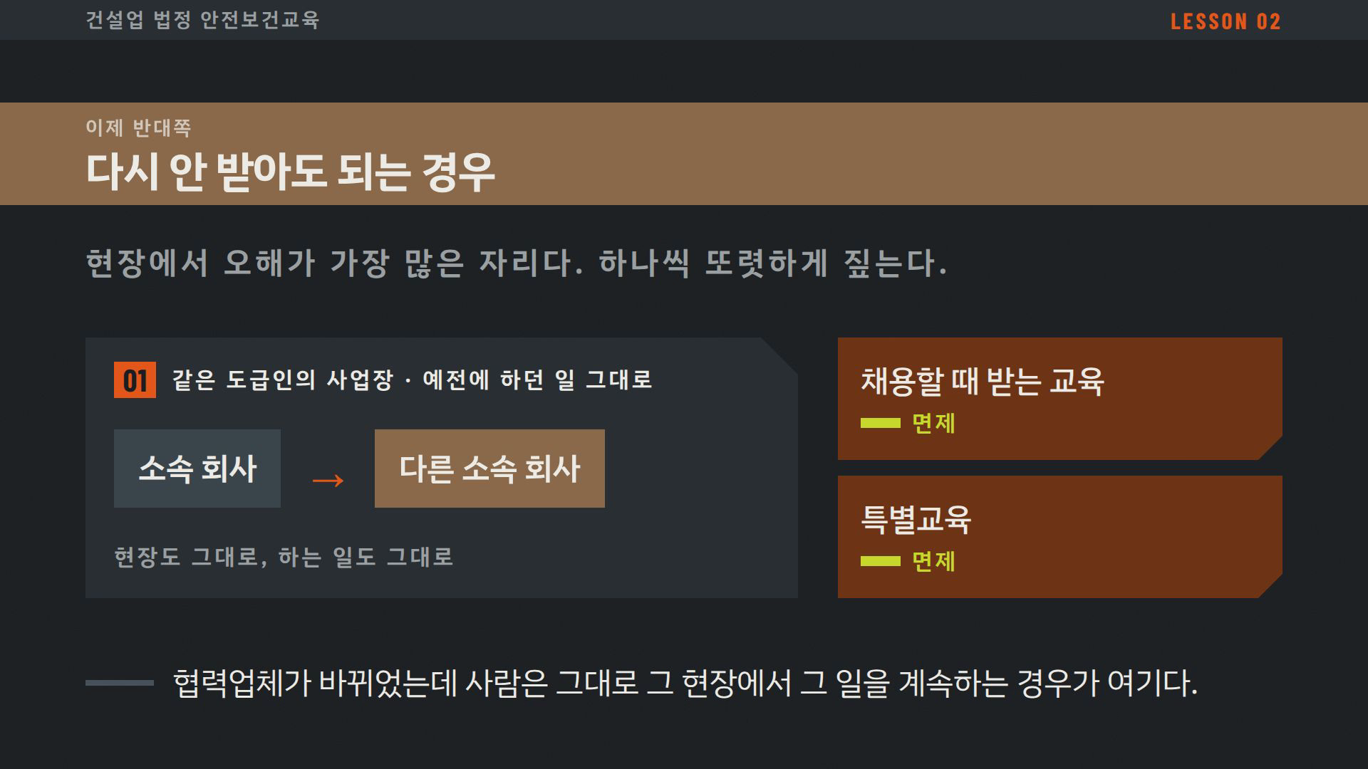 건설업 법정 안전보건교육 1~3차시 실제 슬라이드 — 채용 시 교육이 면제되는 경우