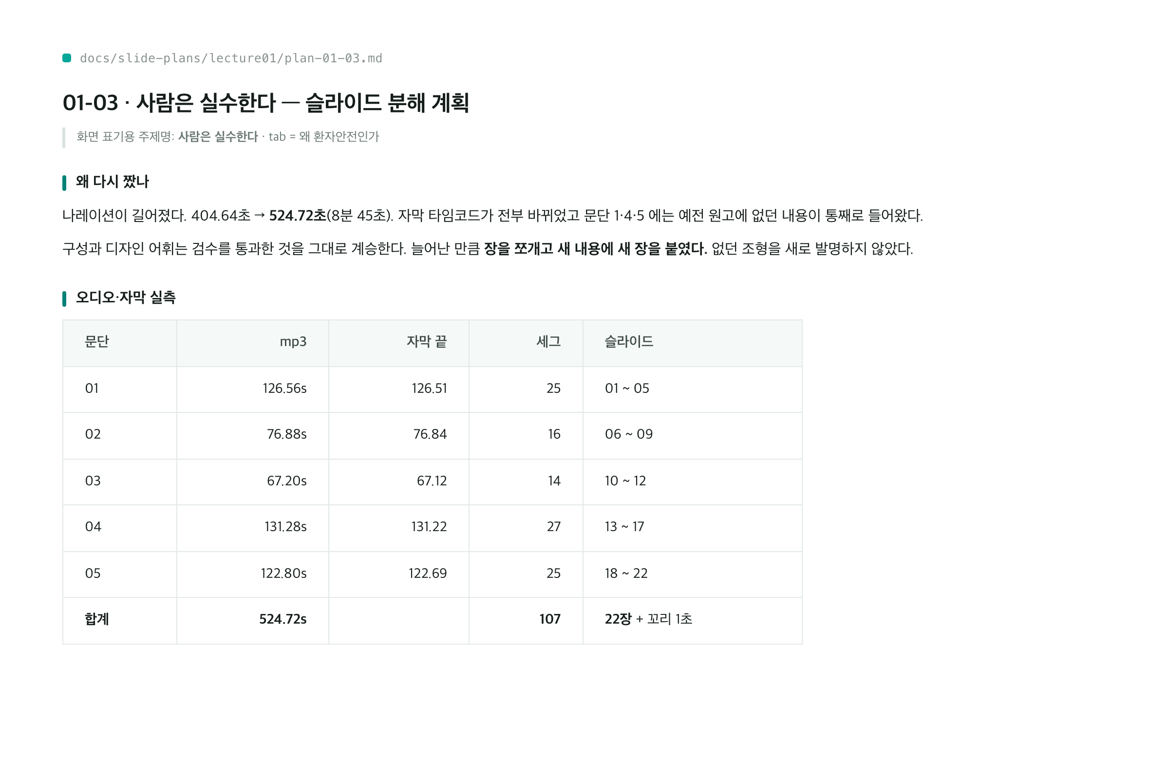 슬라이드 분해 계획표 실물 — 문단별 오디오 길이와 슬라이드 배분