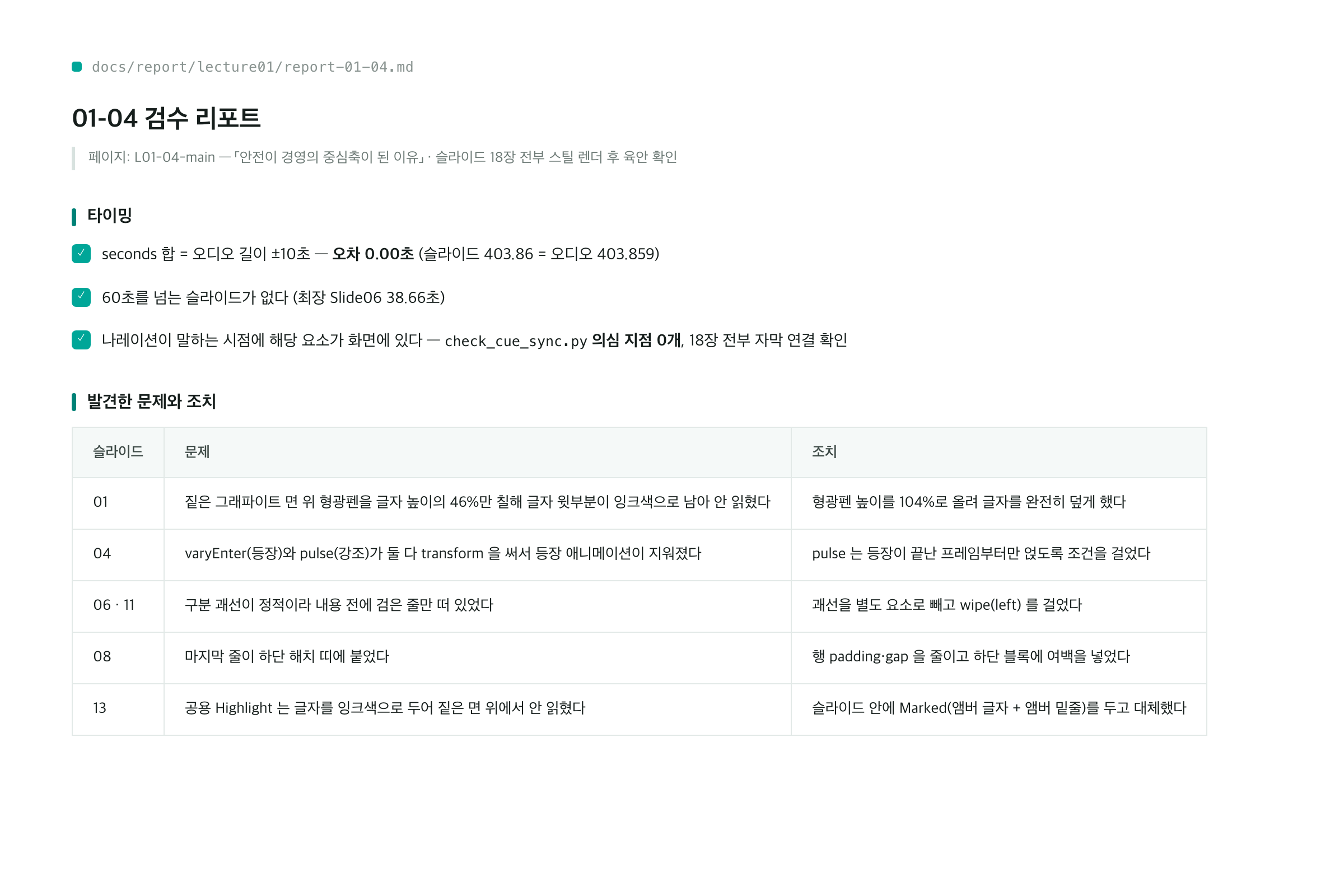검수 리포트 실물 — 발견한 문제와 조치가 정리된 기록